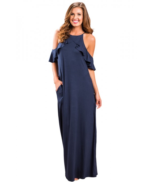 Navy Blue Ruffle Sleeve Cold Shoulder Maxi Dress