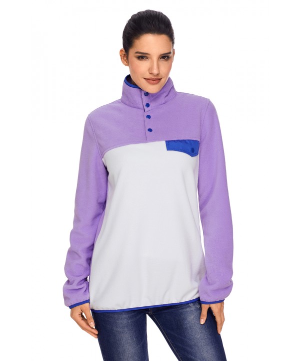 Purple Stand Collar Buttons Fleece Pullover Top