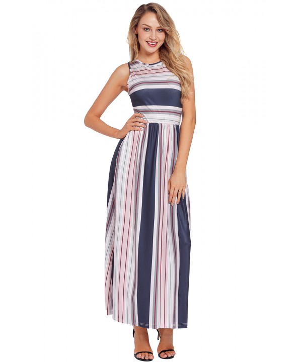 Navy Red Multi Striped Pocket Style Maxi Tank Dres...
